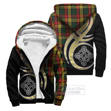 Buchanan Tartan Sherpa Hoodie with Family Crest and Celtic Symbol Style