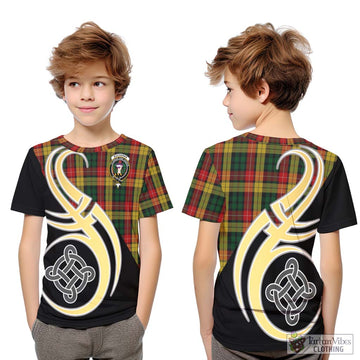 Buchanan Tartan Kid T-Shirt with Family Crest and Celtic Symbol Style