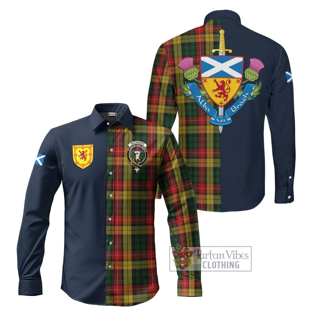 Tartan Vibes Clothing Buchanan Tartan Long Sleeve Button Shirt with Scottish Lion Royal Arm Half Style