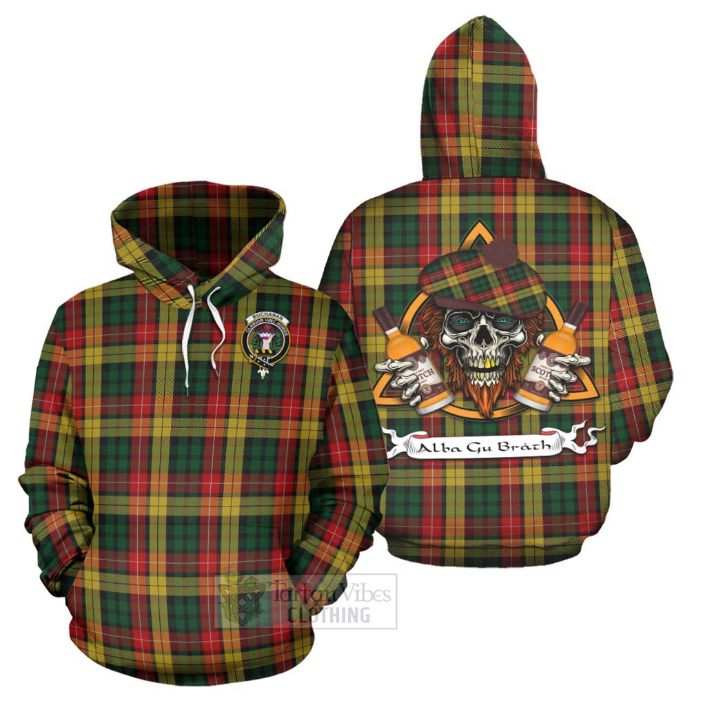 Tartan Vibes Clothing Buchanan Tartan Hoodie with Family Crest and Bearded Skull Holding Bottles of Whiskey