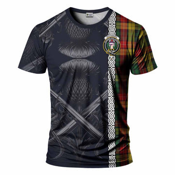 Buchanan Tartan T-Shirt with Family Crest Cross Sword Thistle Celtic Vibes