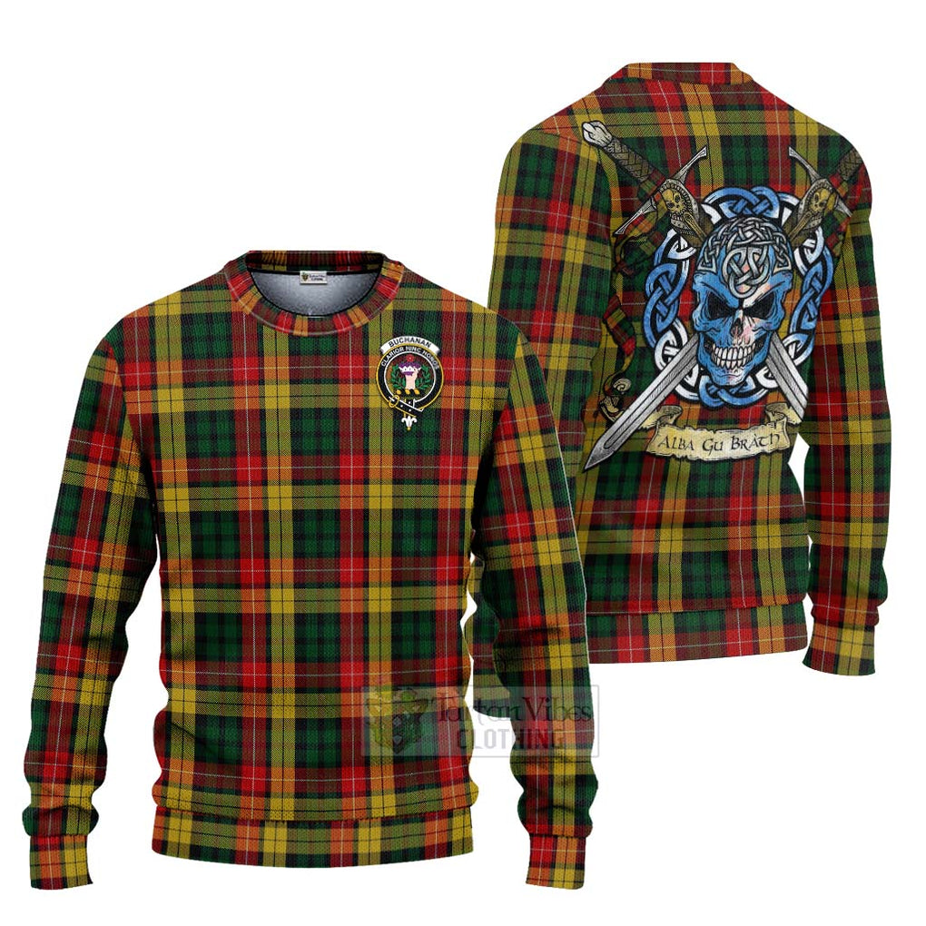 Tartan Vibes Clothing Buchanan Tartan Knitted Sweater with Family Crest Celtic Skull Style