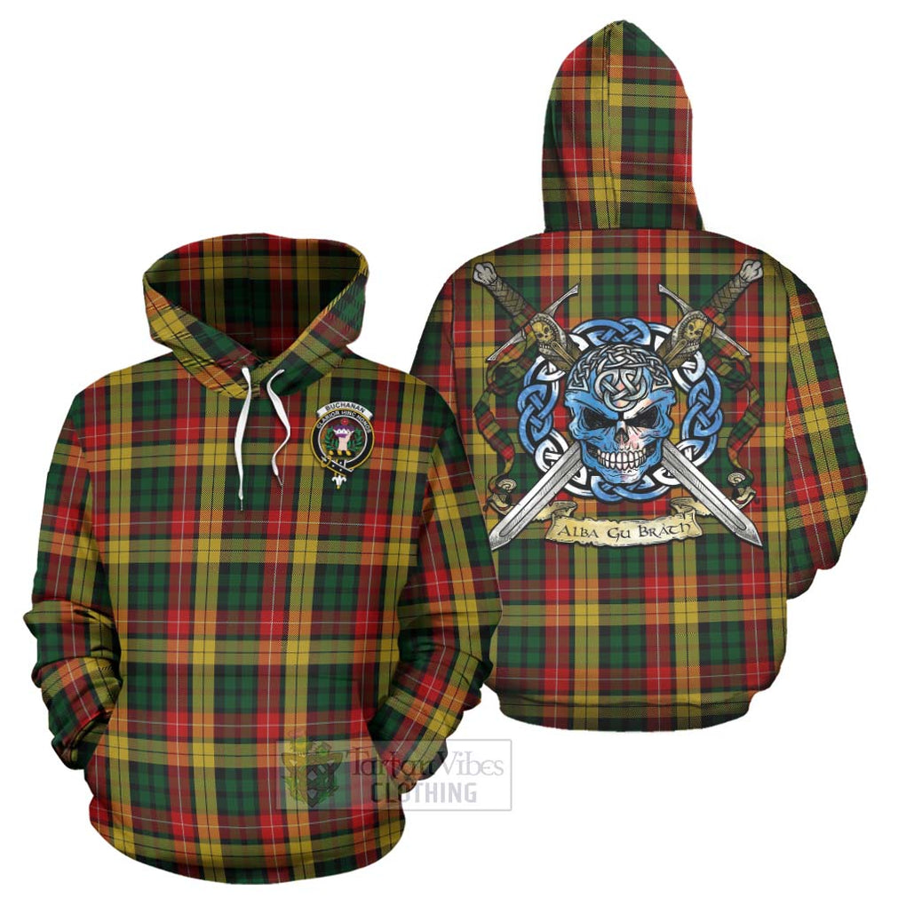 Tartan Vibes Clothing Buchanan Tartan Hoodie with Family Crest Celtic Skull Style