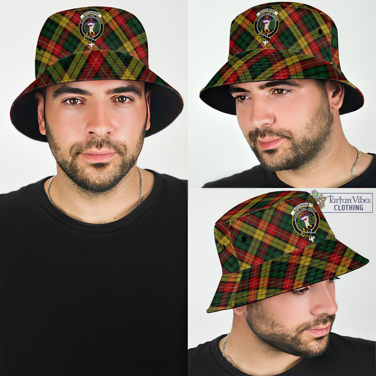 Tartan Vibes Clothing Buchanan Tartan Bucket Hat with Family Crest