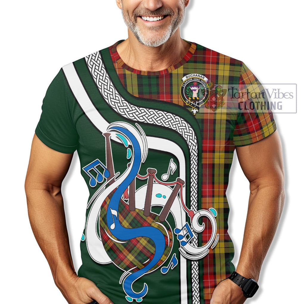 Buchanan Tartan T-Shirt with Epic Bagpipe Style Kid's Shirt - Tartanvibesclothing Shop