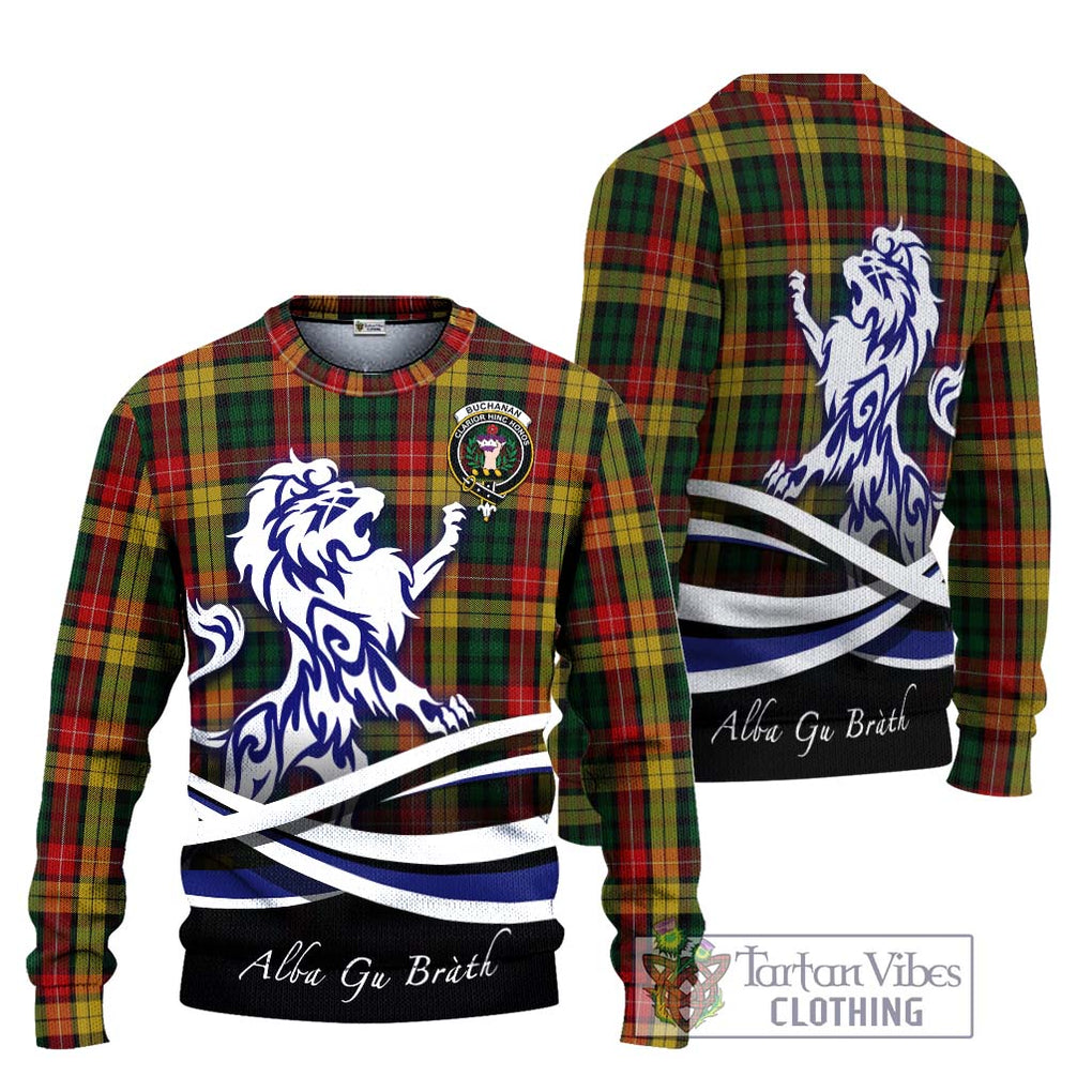 Buchanan Tartan Knitted Sweater with Alba Gu Brath Regal Lion Emblem Unisex - Tartanvibesclothing Shop