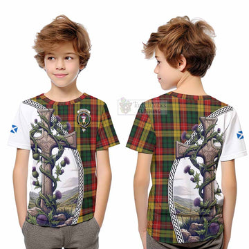 Buchanan Tartan Kid T-Shirt with Family Crest and St. Andrew's Cross Accented by Thistle Vines