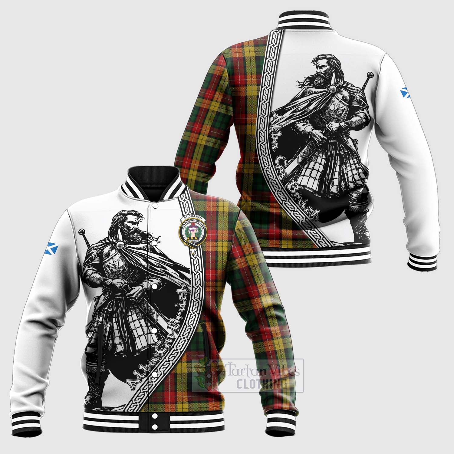 Tartan Vibes Clothing Buchanan Tartan Clan Crest Baseball Jacket with Highlander Warrior Celtic Style