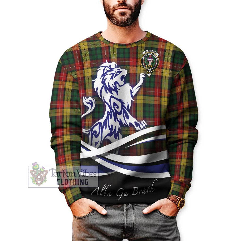 Buchanan Tartan Sweatshirt with Alba Gu Brath Regal Lion Emblem Unisex - Tartanvibesclothing Shop