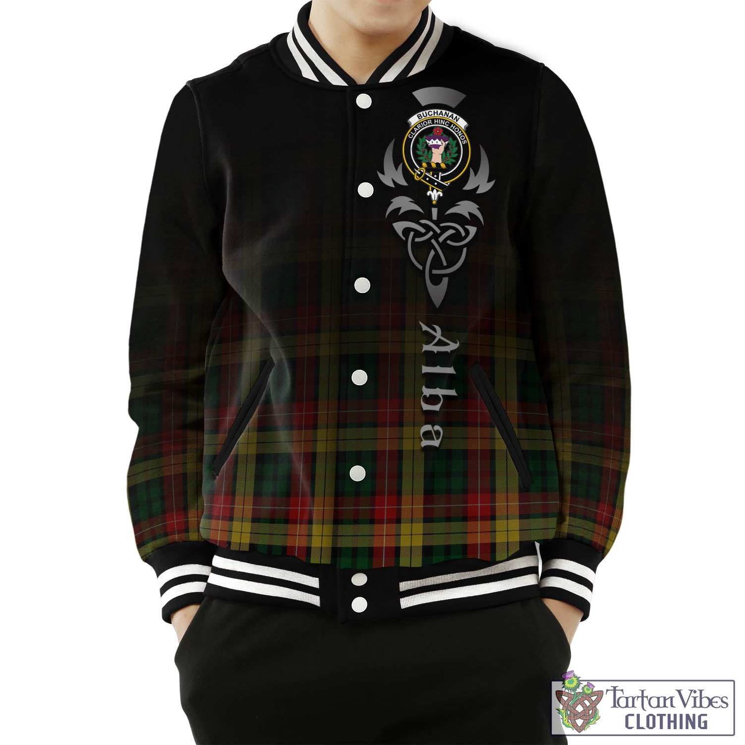 Tartan Vibes Clothing Buchanan Tartan Baseball Jacket Featuring Alba Gu Brath Family Crest Celtic Inspired