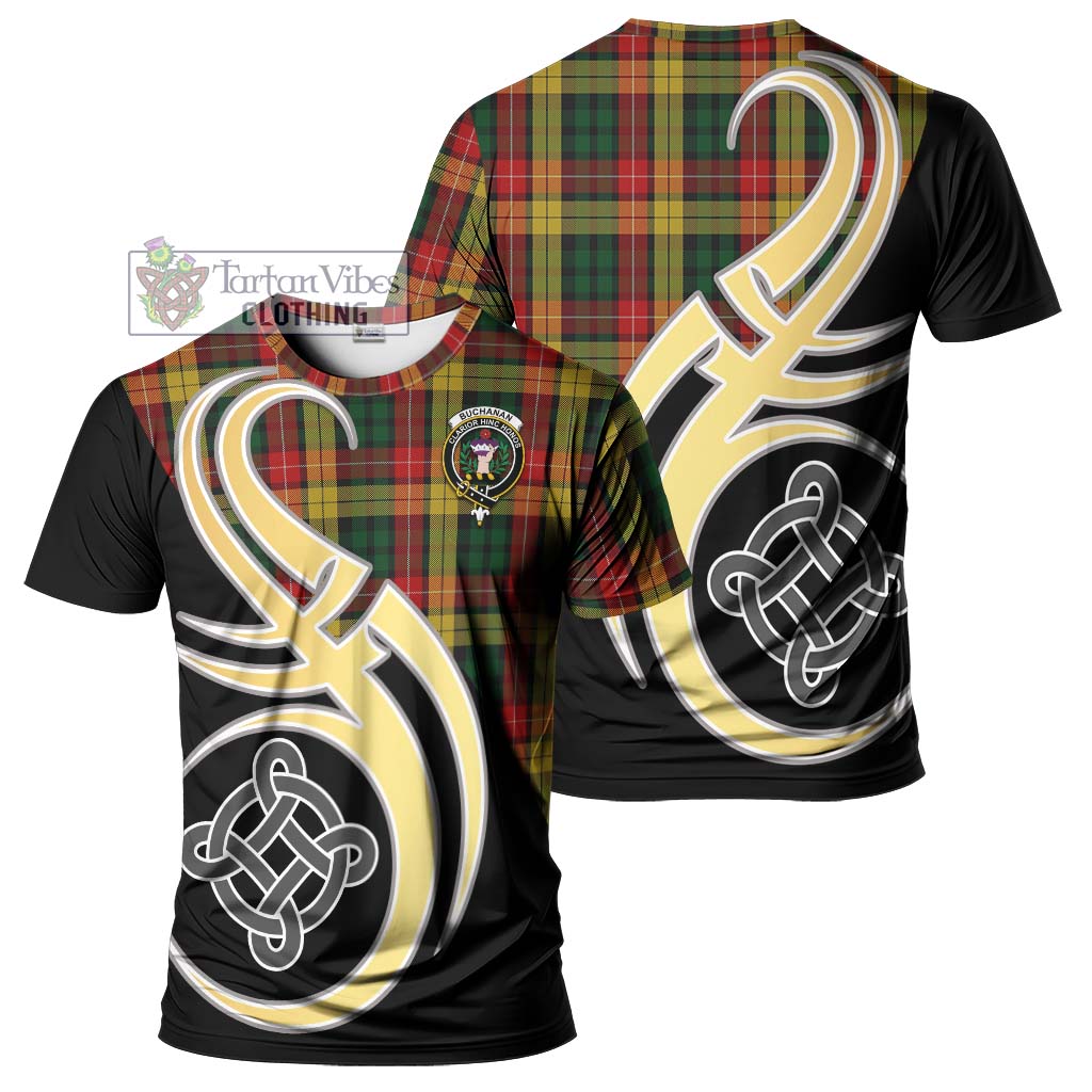 Tartan Vibes Clothing Buchanan Tartan T-Shirt with Family Crest and Celtic Symbol Style