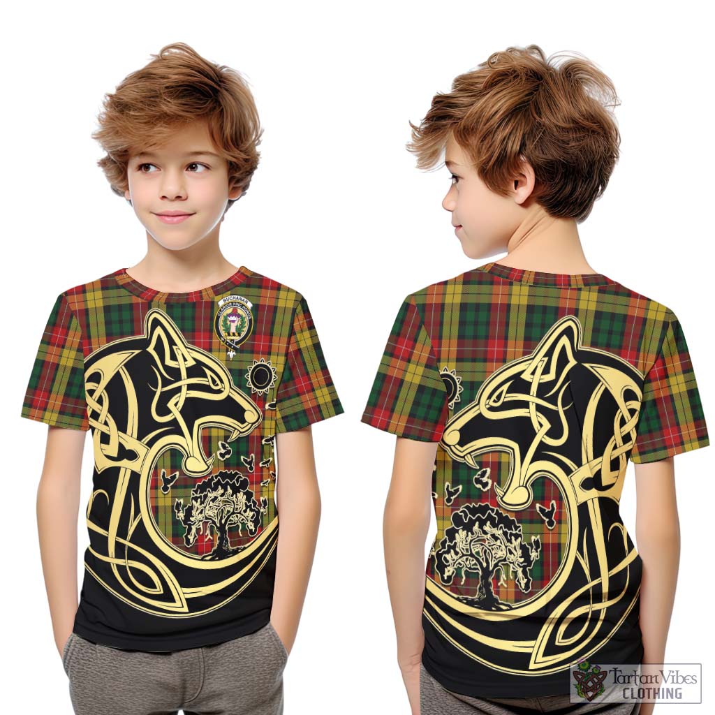 Buchanan Tartan Kid T-Shirt with Family Crest Celtic Wolf Style Youth XL Size14 - Tartan Vibes Clothing