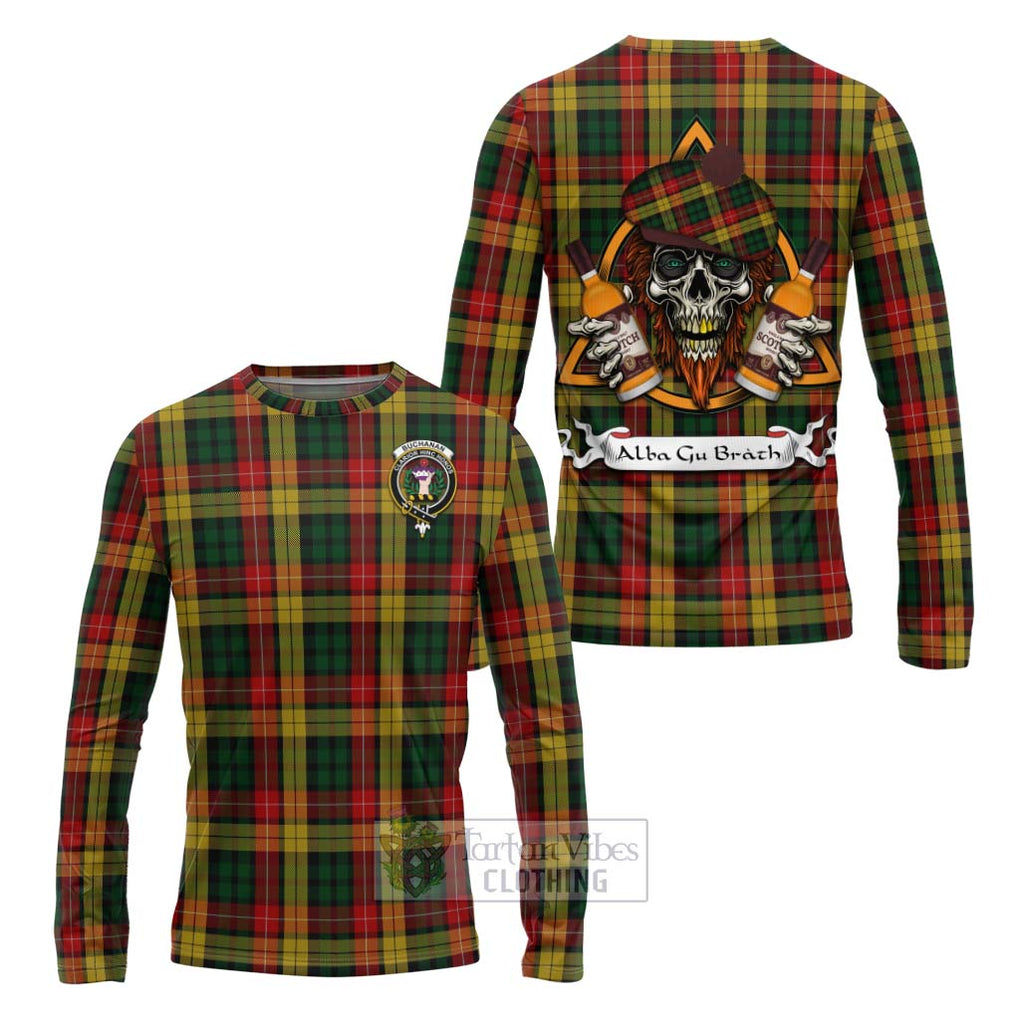 Tartan Vibes Clothing Buchanan Tartan Long Sleeve T-Shirt with Family Crest and Bearded Skull Holding Bottles of Whiskey