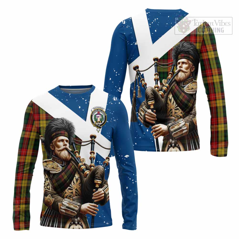 Tartan Vibes Clothing Buchanan Tartan Long Sleeve T-Shirt with Family Crest Scottish Bagpiper Vibes