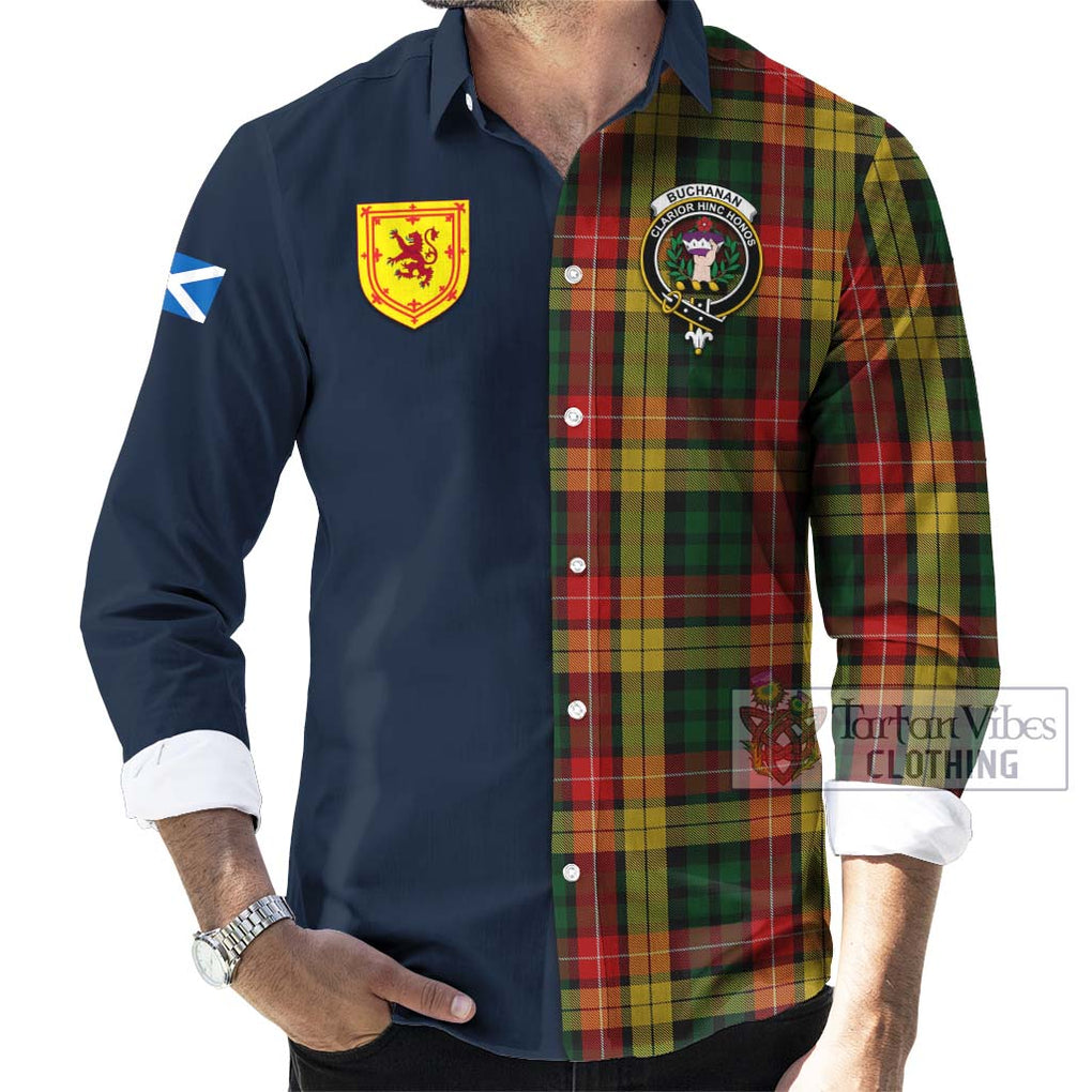 Tartan Vibes Clothing Buchanan Tartan Long Sleeve Button Shirt with Scottish Lion Royal Arm Half Style