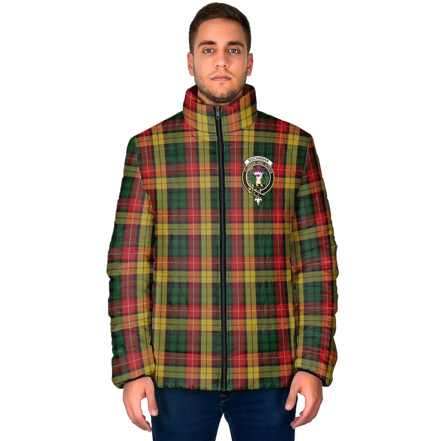 Buchanan Tartan Padded Jacket with Family Crest - Tartan Vibes Clothing