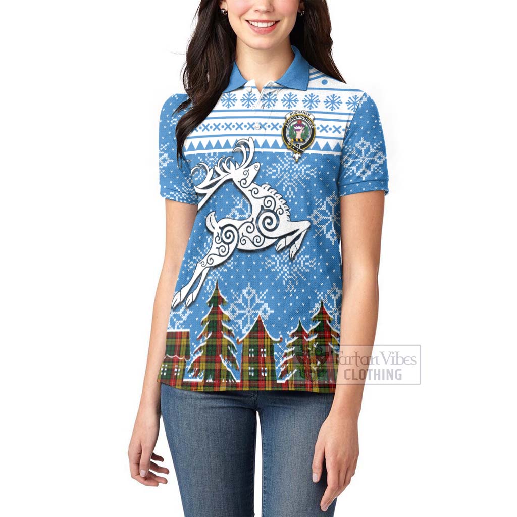 Tartan Vibes Clothing Buchanan Clan Christmas Women's Polo Shirt Celtic Reindeer Style