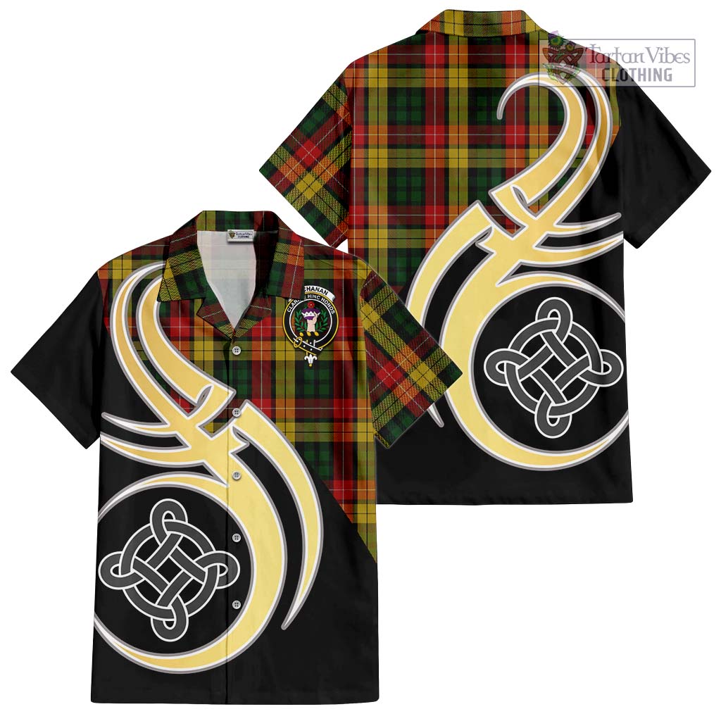 Buchanan Tartan Short Sleeve Button Shirt with Family Crest and Celtic Symbol Style - Tartan Vibes Clothing