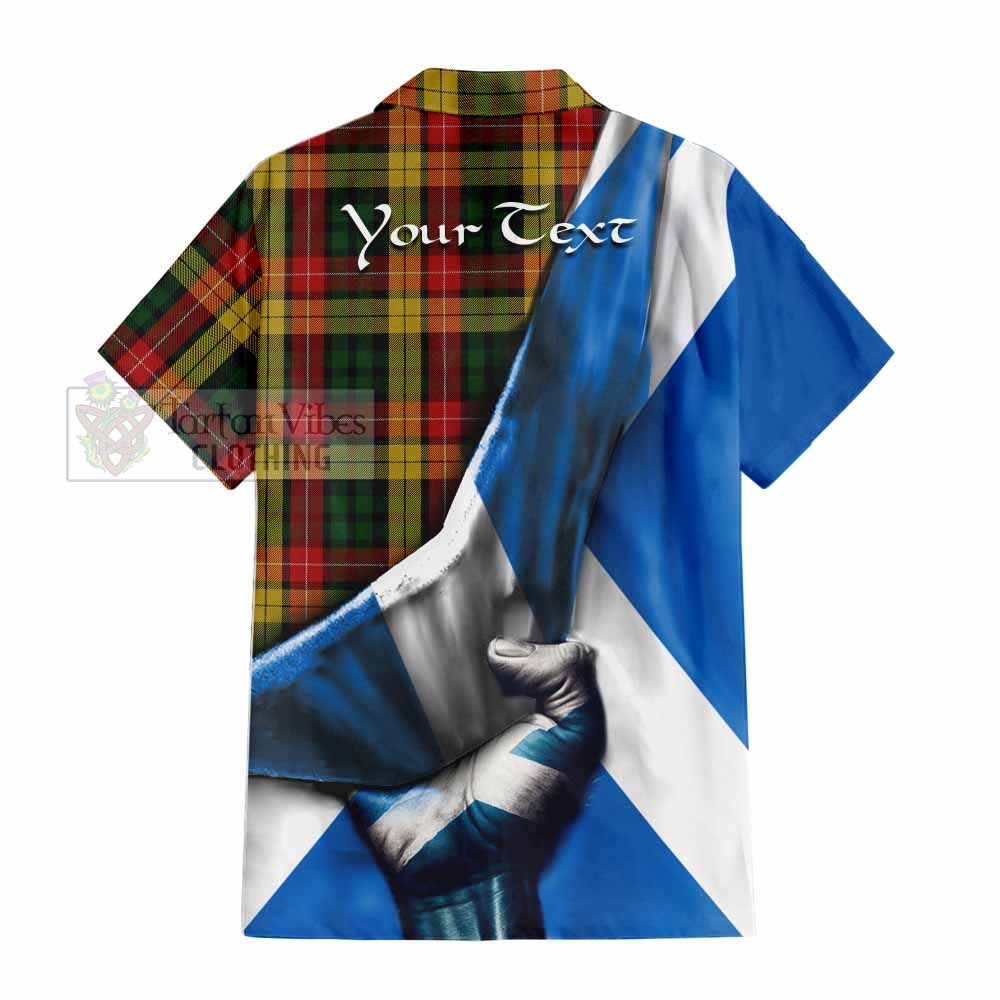 Tartan Vibes Clothing Buchanan Tartan Short Sleeve Button Shirt with Family Crest Scotland Patriotic Style