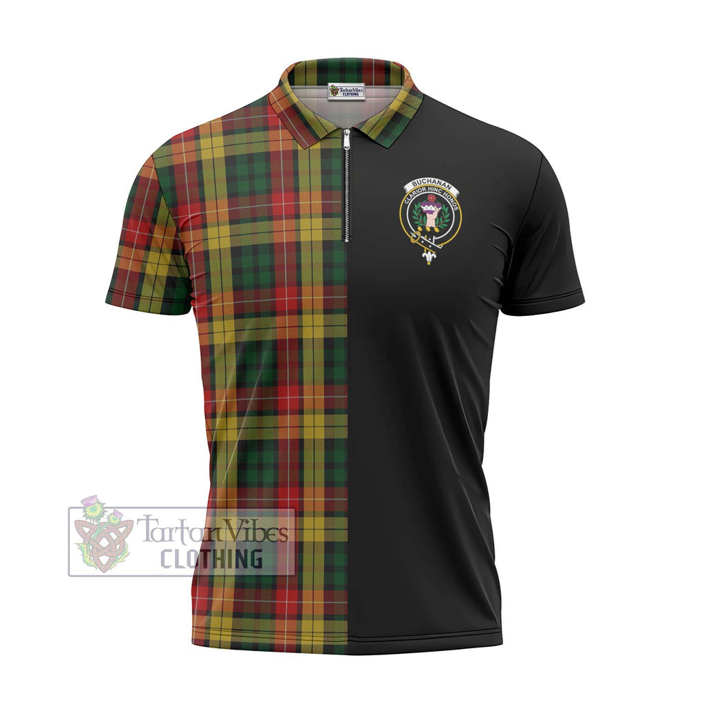 Buchanan Tartan Zipper Polo Shirt with Family Crest and Half Of Me Style - Tartanvibesclothing Shop