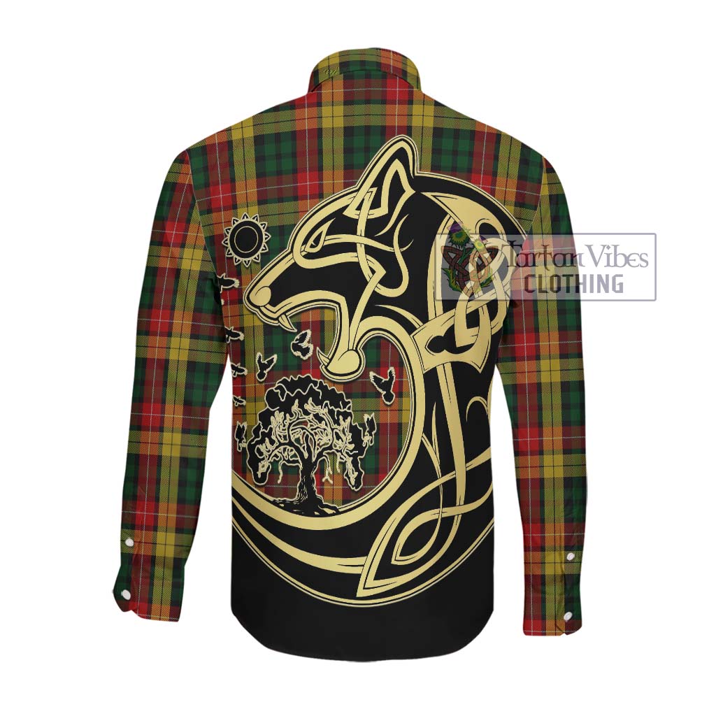 Buchanan Tartan Long Sleeve Button Shirt with Family Crest Celtic Wolf Style Men's Shirt - Tartan Vibes Clothing