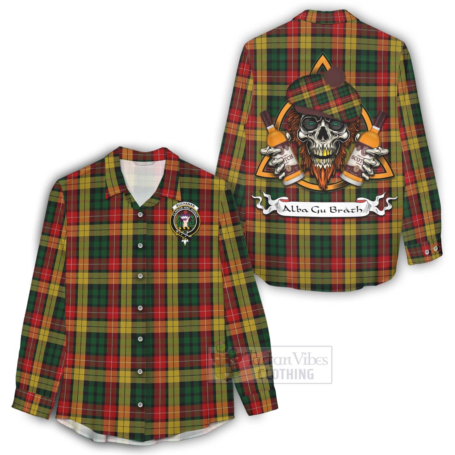 Tartan Vibes Clothing Buchanan Tartan Women's Casual Shirt with Family Crest and Bearded Skull Holding Bottles of Whiskey