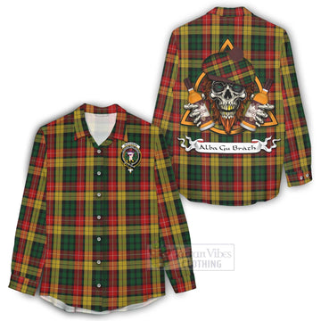 Buchanan Tartan Women's Casual Shirt with Family Crest and Bearded Skull Holding Bottles of Whiskey