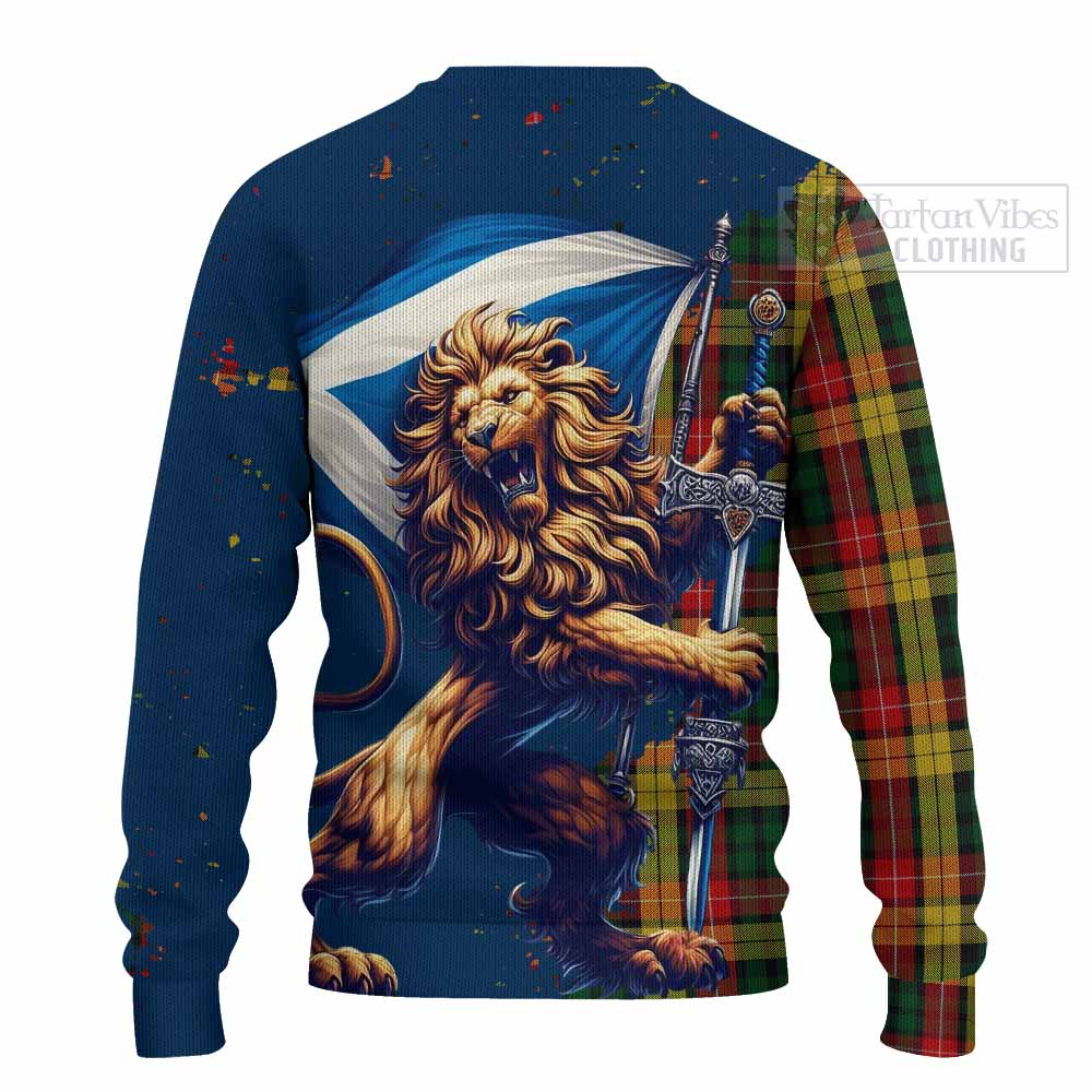 Tartan Vibes Clothing Buchanan Tartan Family Crest Knitted Sweater with Scottish Majestic Lion