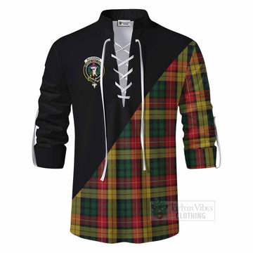 Buchanan Tartan Ghillie Kilt Shirt with Family Crest and Military Logo Style