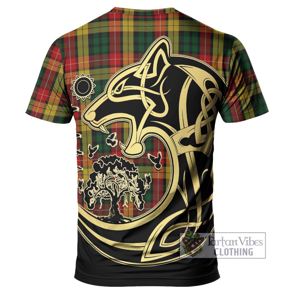 Buchanan Tartan T-Shirt with Family Crest Celtic Wolf Style - Tartan Vibes Clothing