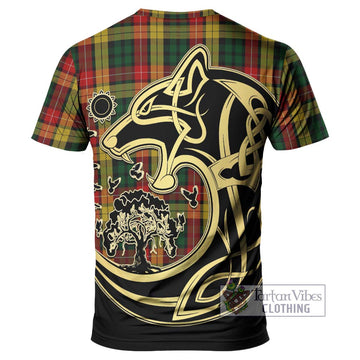 Buchanan Tartan T-Shirt with Family Crest Celtic Wolf Style