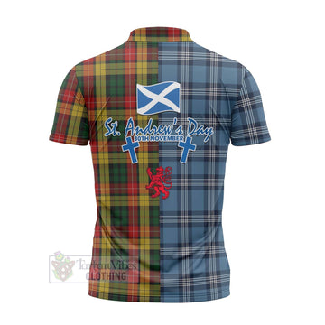 Buchanan Tartan Zipper Polo Shirt Happy St. Andrew's Day Half Tartan Style