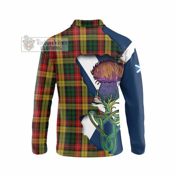 Buchanan Tartan Family Crest Long Sleeve Polo Shirt Scottish Thistle Celtic Inspired - Tartan Vibes Clothing