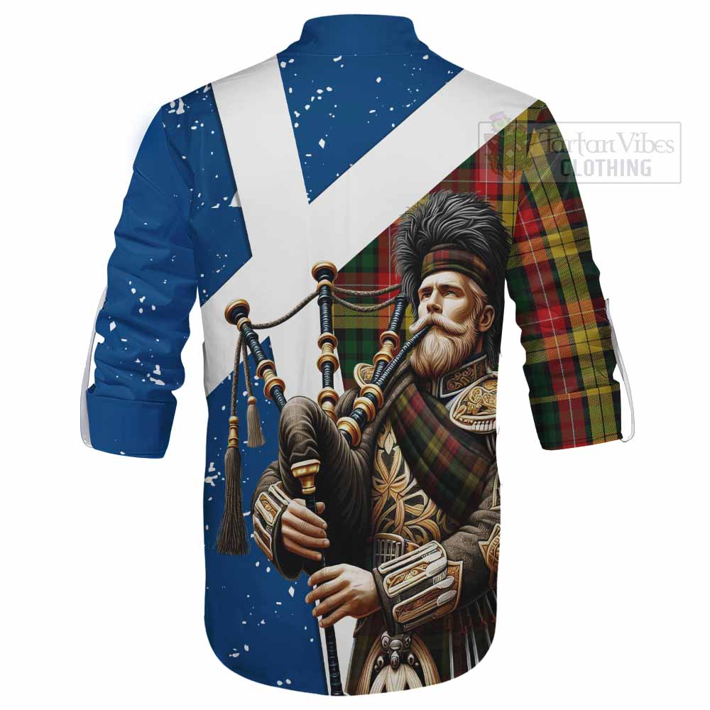 Tartan Vibes Clothing Buchanan Tartan Ghillie Kilt Shirt with Family Crest Scottish Bagpiper Vibes