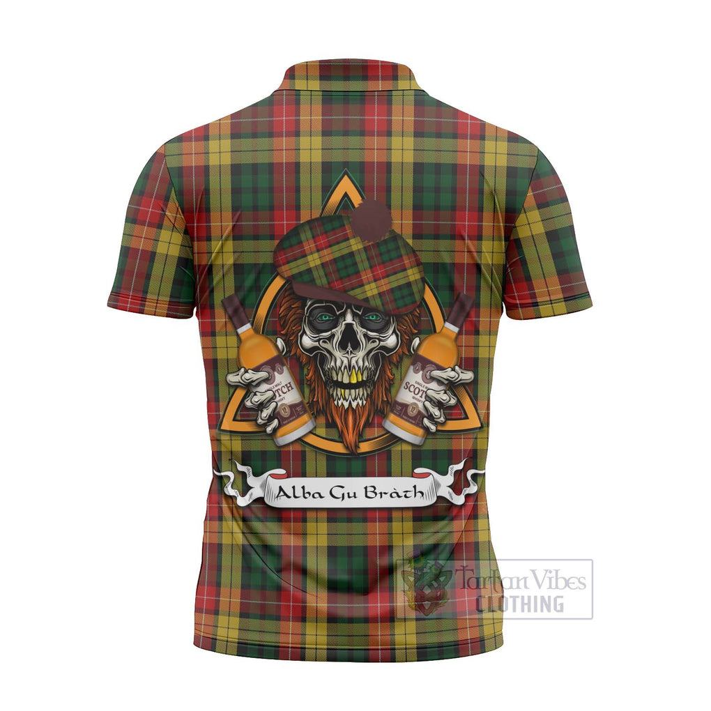 Tartan Vibes Clothing Buchanan Tartan Zipper Polo Shirt with Family Crest and Bearded Skull Holding Bottles of Whiskey