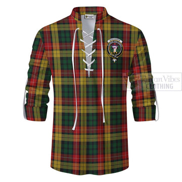 Buchanan Tartan Ghillie Kilt Shirt with Family Crest and Bearded Skull Holding Bottles of Whiskey