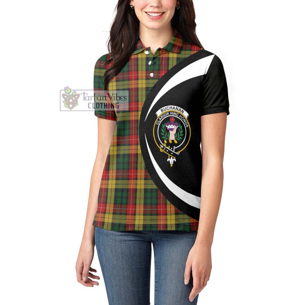 Buchanan Tartan Women's Polo Shirt with Family Crest Circle Style - Tartan Vibes Clothing