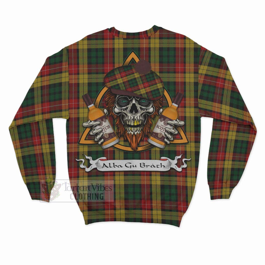 Tartan Vibes Clothing Buchanan Tartan Sweatshirt with Family Crest and Bearded Skull Holding Bottles of Whiskey