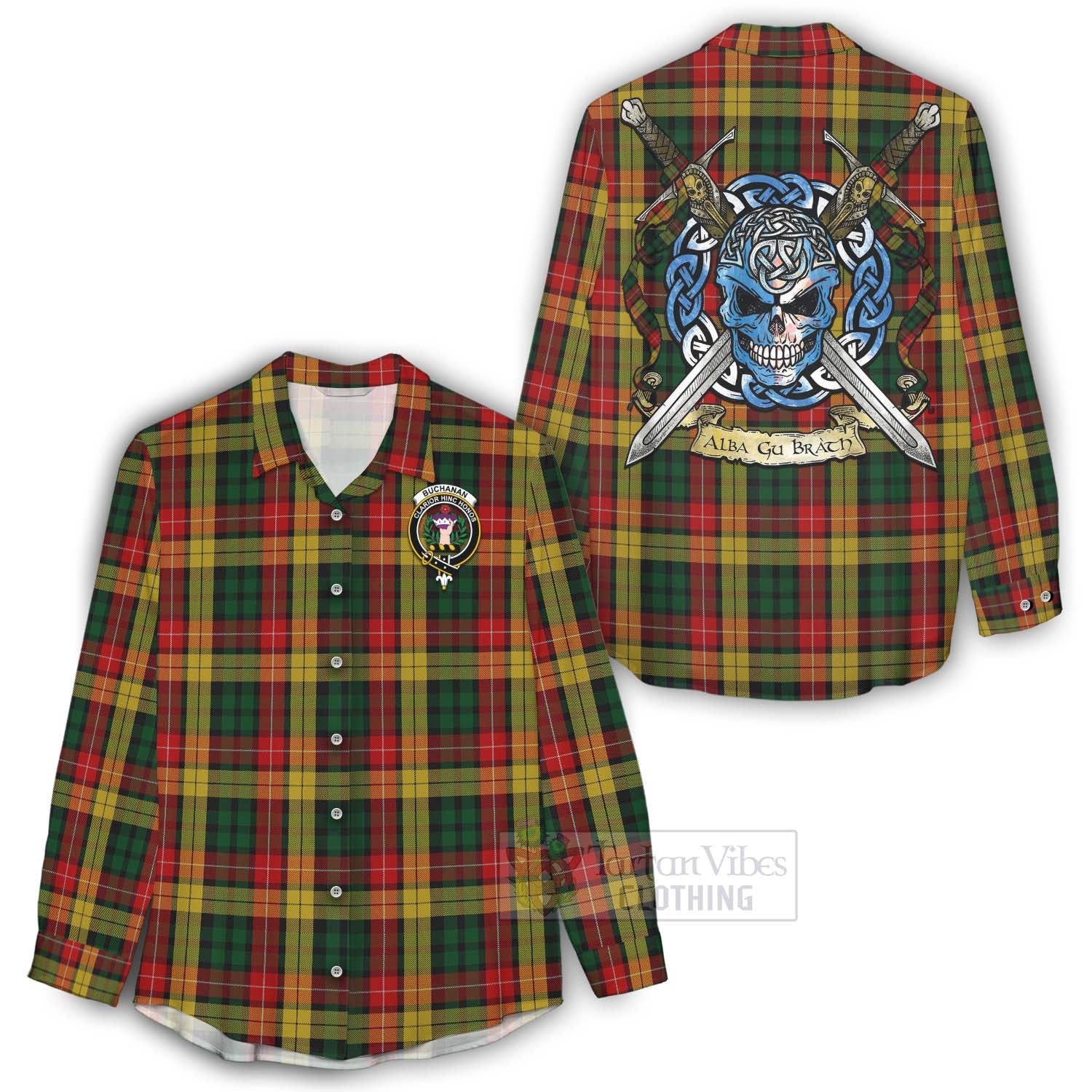 Tartan Vibes Clothing Buchanan Tartan Women's Casual Shirt with Family Crest Celtic Skull Style