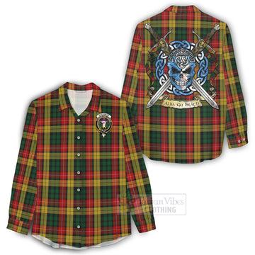 Buchanan Tartan Women's Casual Shirt with Family Crest Celtic Skull Style