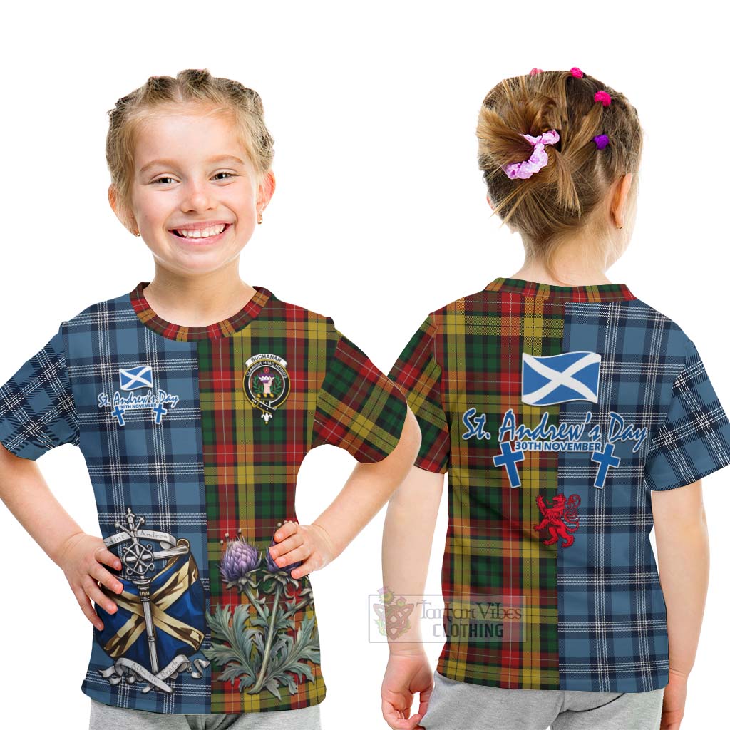 Tartan Vibes Clothing Buchanan Tartan Kid T-Shirt Happy St. Andrew's Day Half Tartan Style