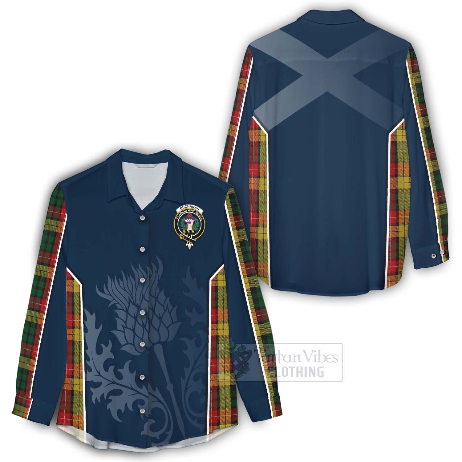 Tartan Vibes Clothing Buchanan Tartan Women's Casual Shirt with Family Crest and Scottish Thistle Vibes Sport Style