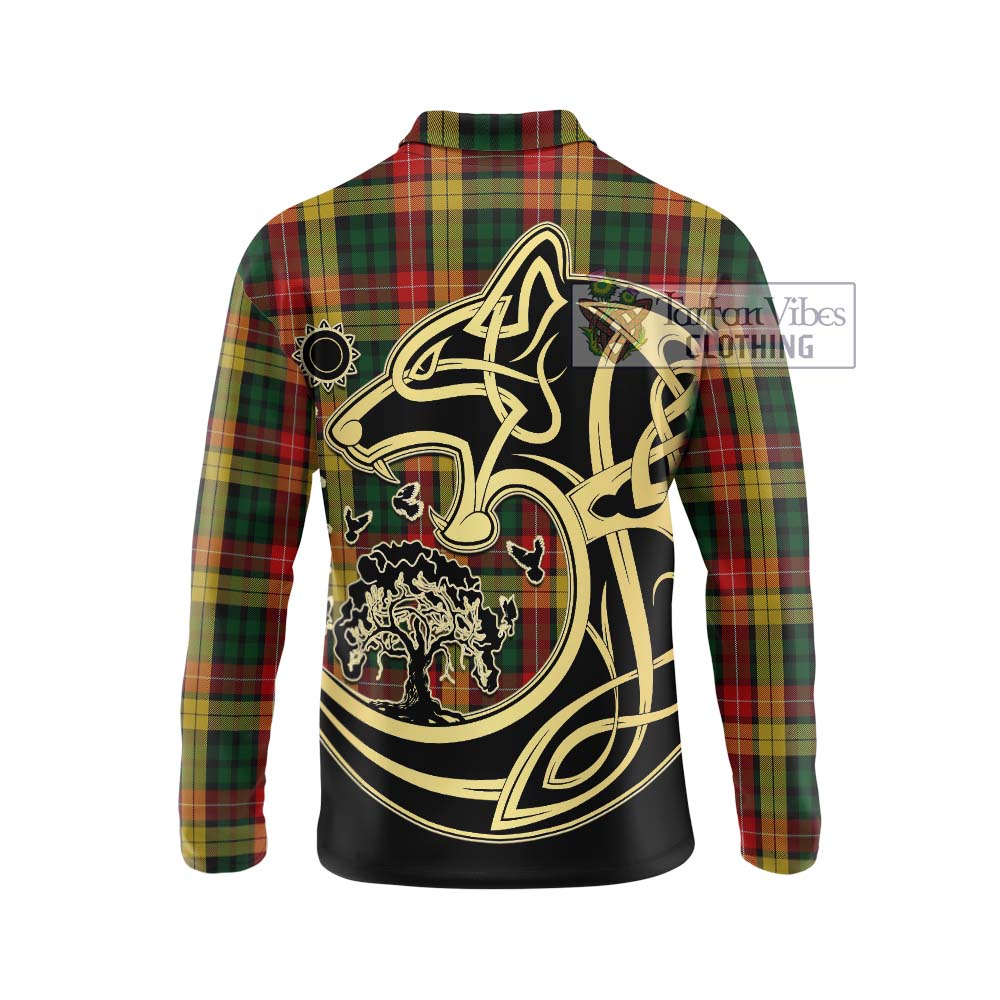 Buchanan Tartan Long Sleeve Polo Shirt with Family Crest Celtic Wolf Style - Tartanvibesclothing Shop