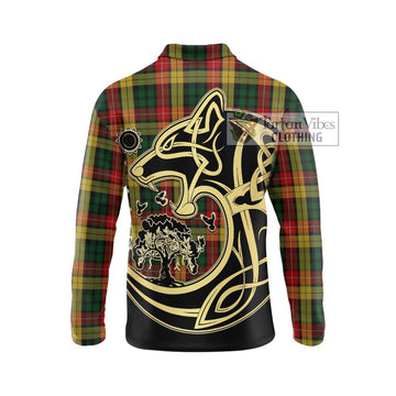 Buchanan Tartan Long Sleeve Polo Shirt with Family Crest Celtic Wolf Style