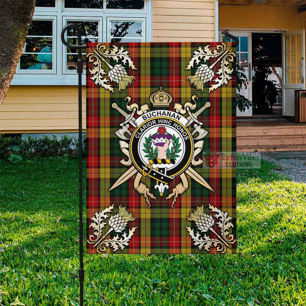 Tartan Vibes Clothing Buchanan Tartan Flag with Family Crest and Golden Thistle Crossed Sword Design