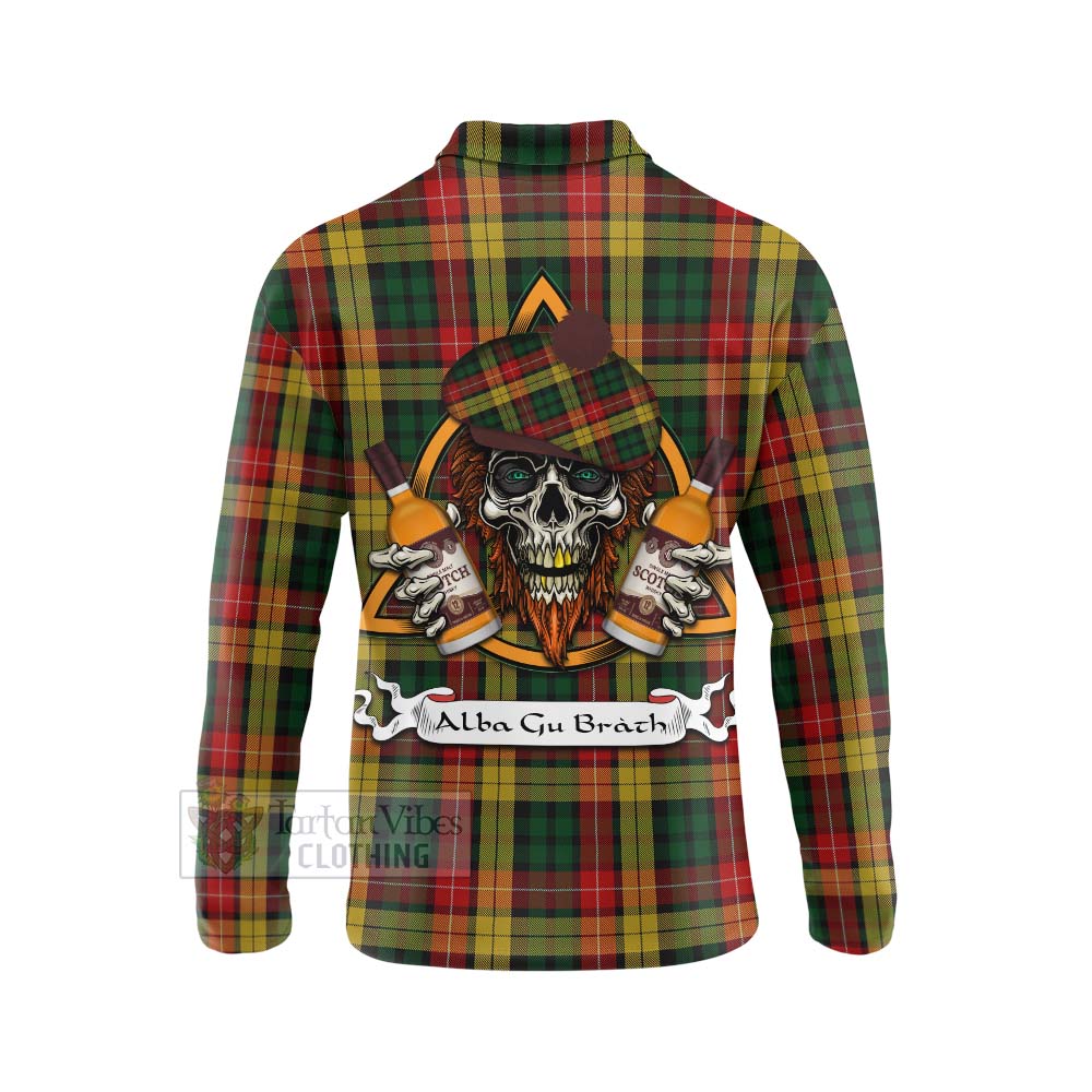 Tartan Vibes Clothing Buchanan Tartan Long Sleeve Polo Shirt with Family Crest and Bearded Skull Holding Bottles of Whiskey