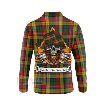 Buchanan Tartan Long Sleeve Polo Shirt with Family Crest and Bearded Skull Holding Bottles of Whiskey