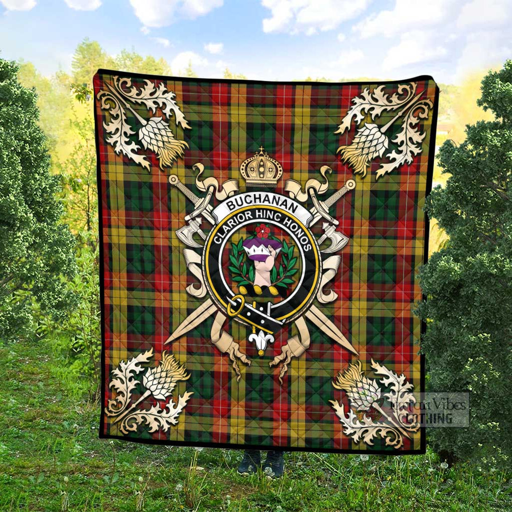 Tartan Vibes Clothing Buchanan Tartan Quilt with Family Crest and Scottish Golden Courage Shield