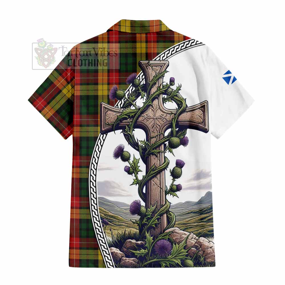 Tartan Vibes Clothing Buchanan Tartan Short Sleeve Button Shirt with Family Crest and St. Andrew's Cross Accented by Thistle Vines