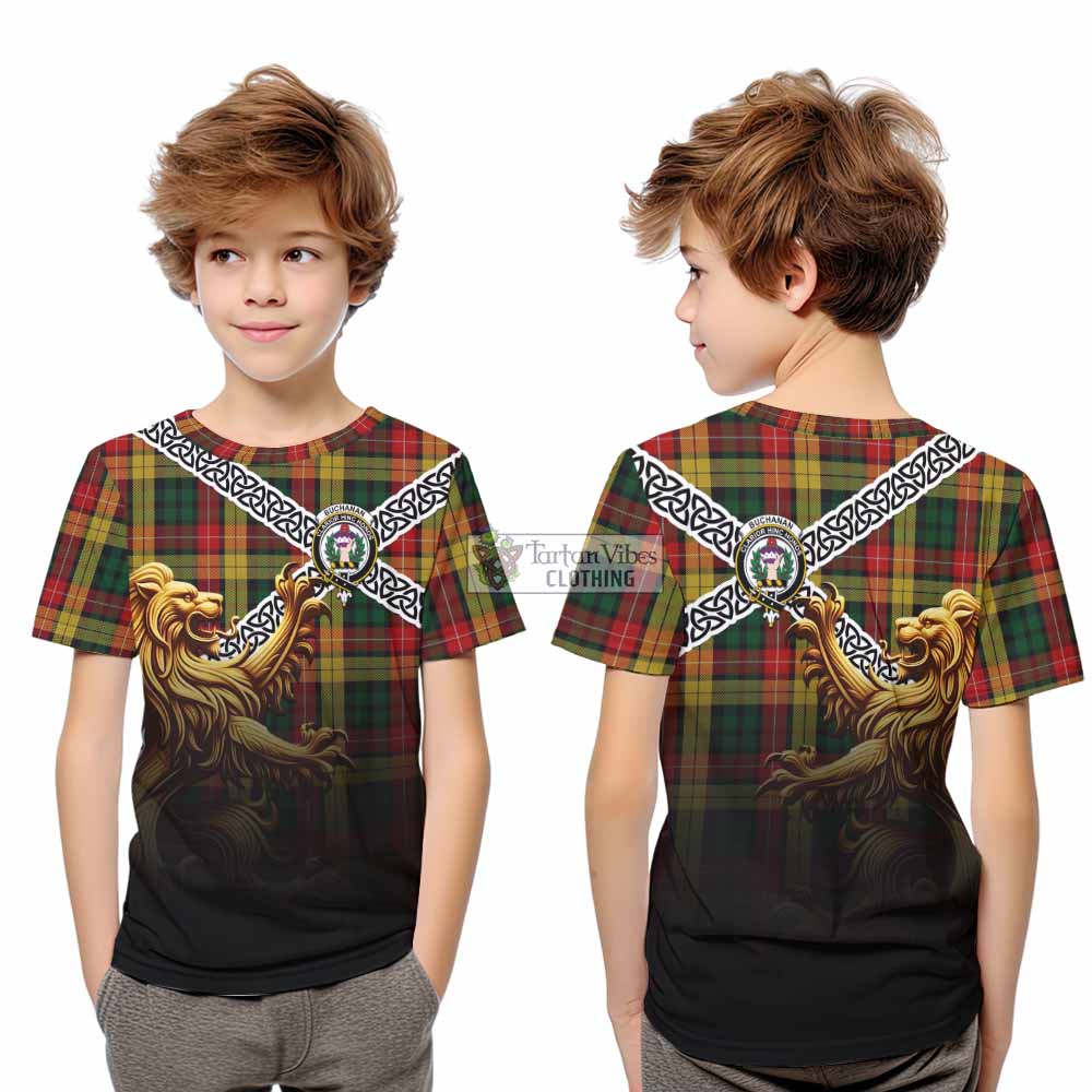Buchanan Crest Tartan Kid T-Shirt with Golden Lion Emblem Celtic Style - Tartan Vibes Clothing